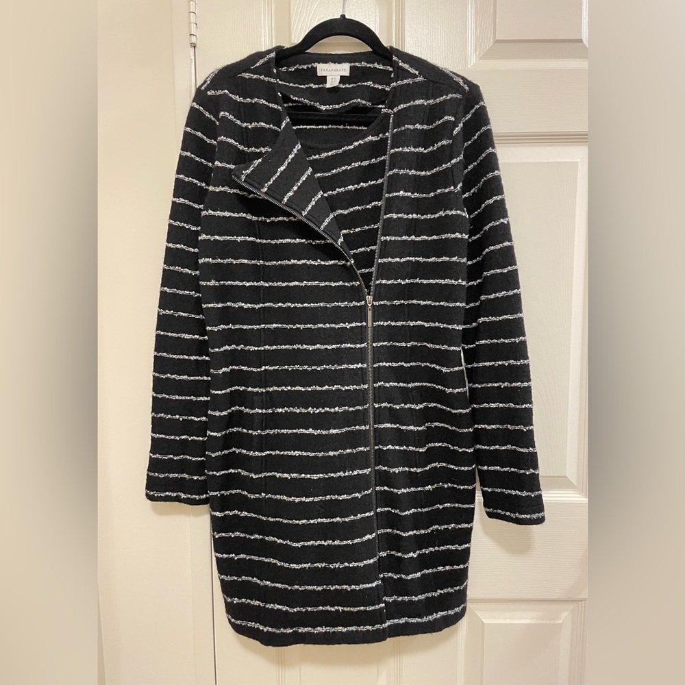 Paraphrase Black and White Striped Coat. 85% wool 15% acrylic. Lots of stretch!